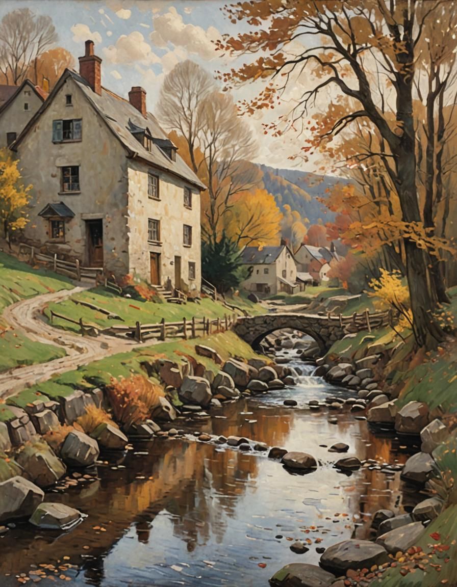 Autumnal Village Stream in Oil Painting Style