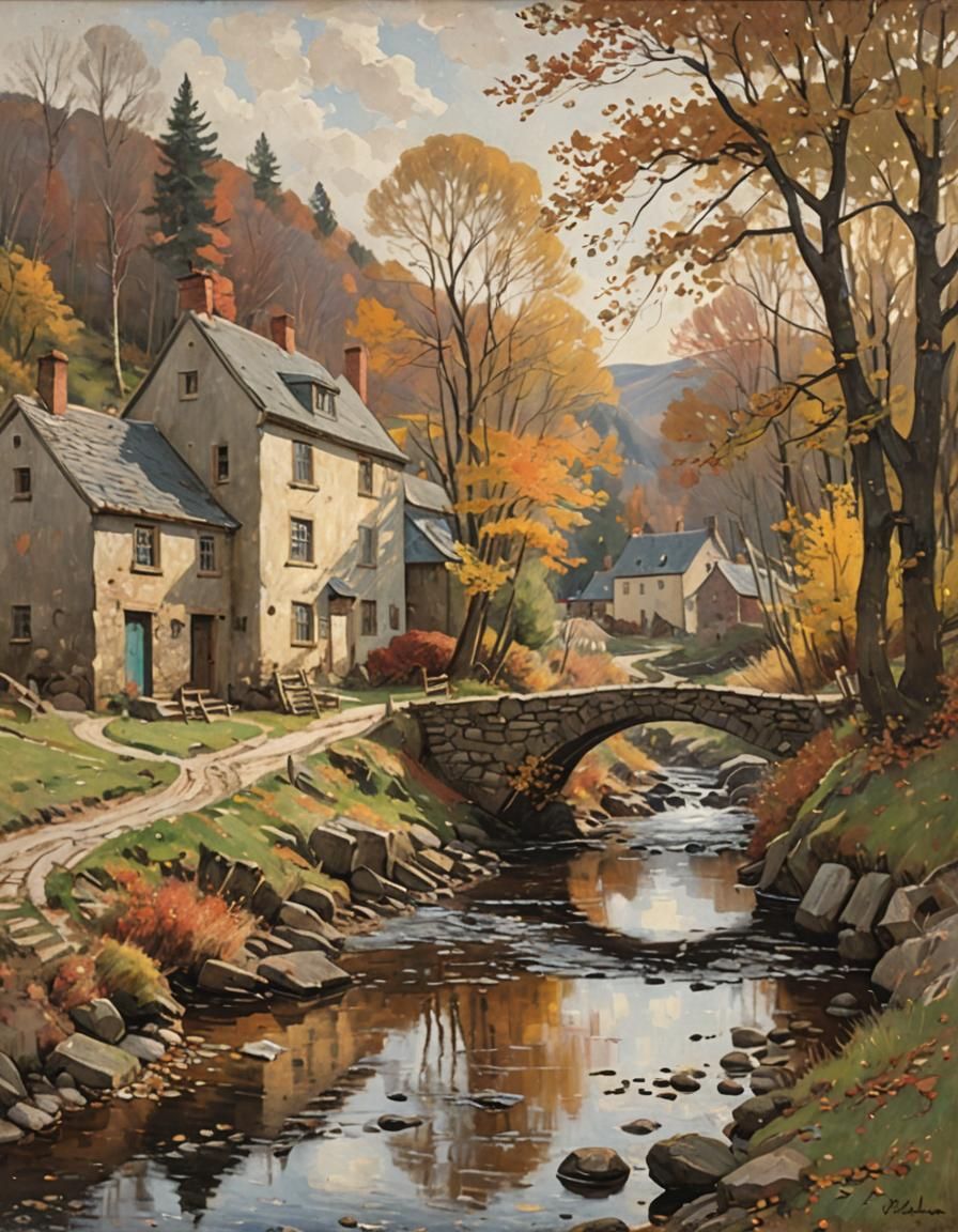 Autumnal Village Stream in Oil Painting Style