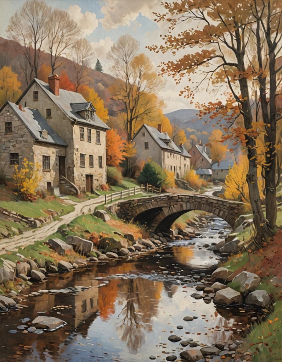 Autumnal Village Stream in Oil Painting Style