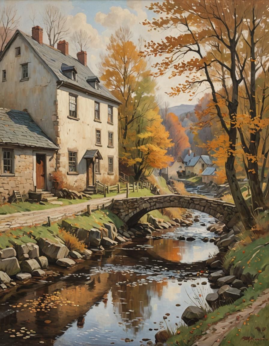 Autumnal Village Stream in Oil Painting Style