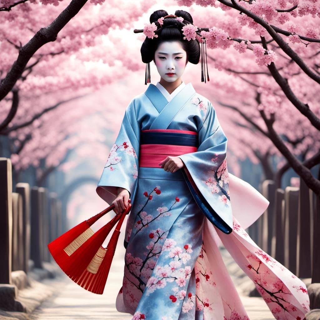 Geisha Beneath Cherry Blossoms in Cinematic Realism