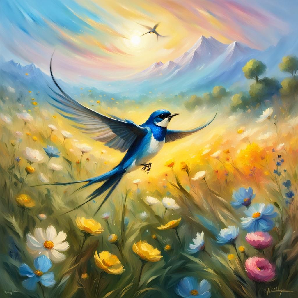 Vibrant Blue Swallow in a Serene Meadow Landscape