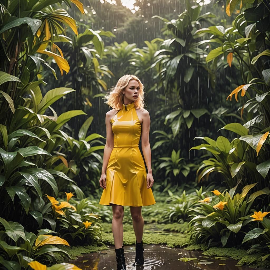 Blonde Woman in Yellow Latex Dress in Rain Garden