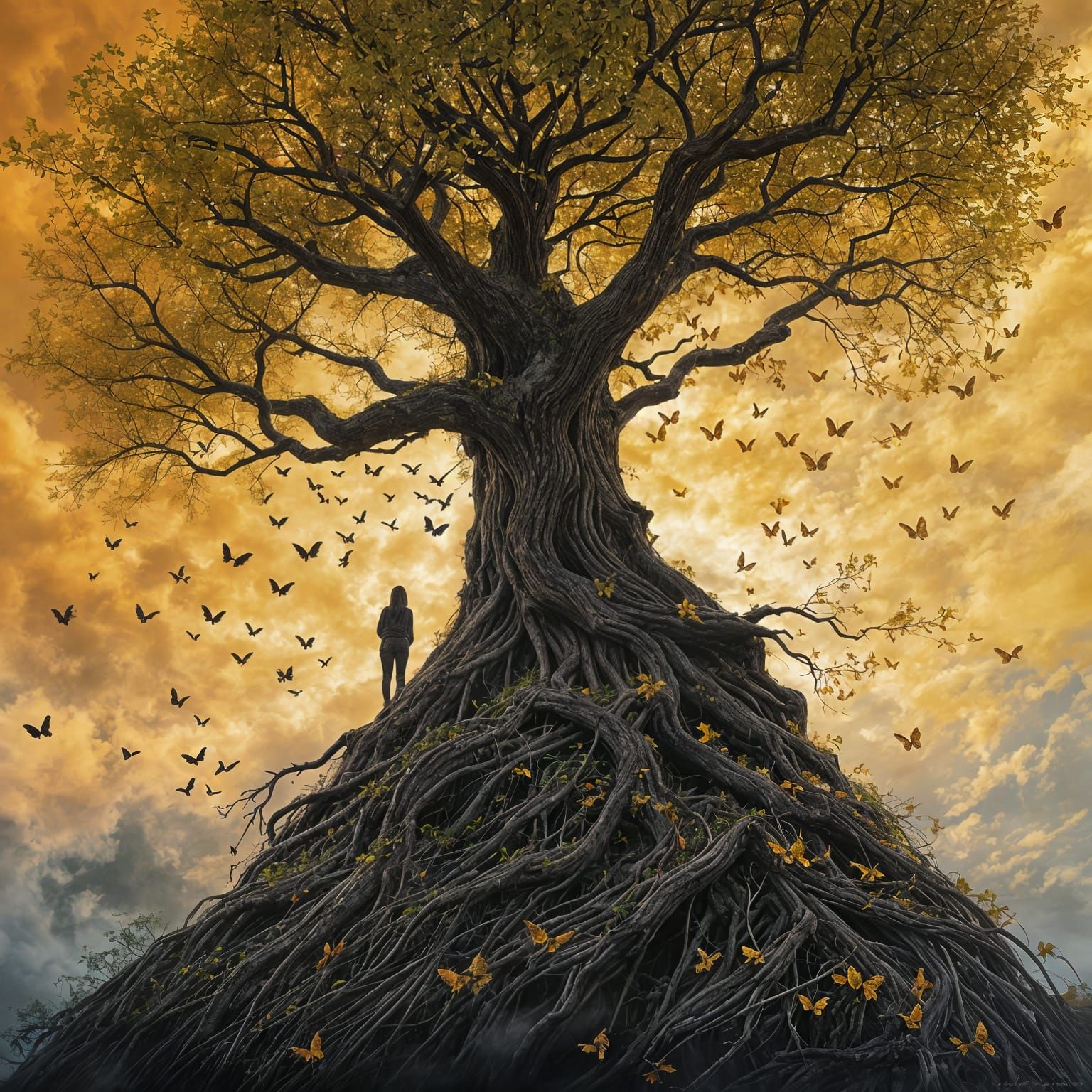 Gnarled Tree Silhouette with Golden Butterflies