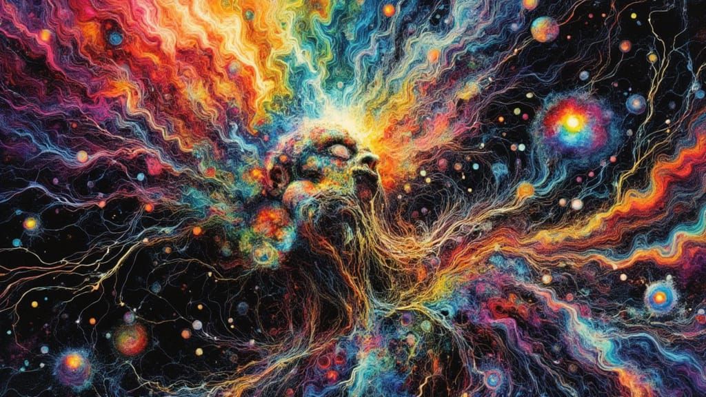 Biomechanical Android with Rainbow Flames and Chakras