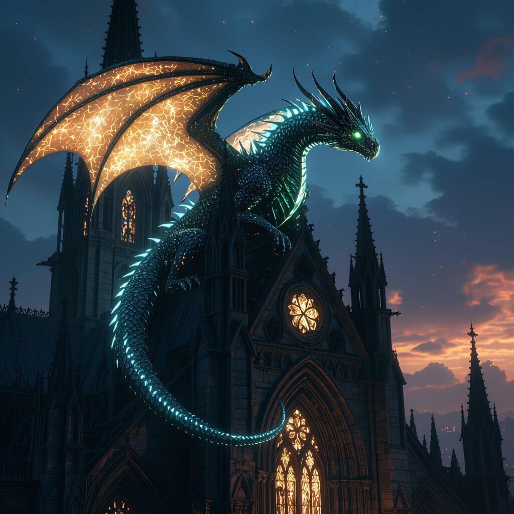 Bioluminescent Dragon on Gothic Cathedral in Dark Fantasy St...