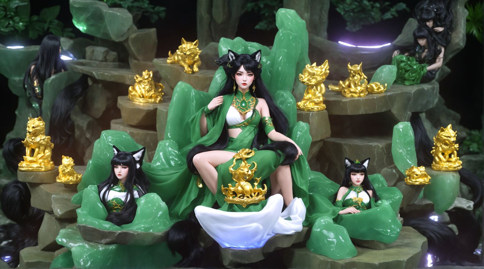 Dark-haired black-haired fox goddess in human form sitting o...