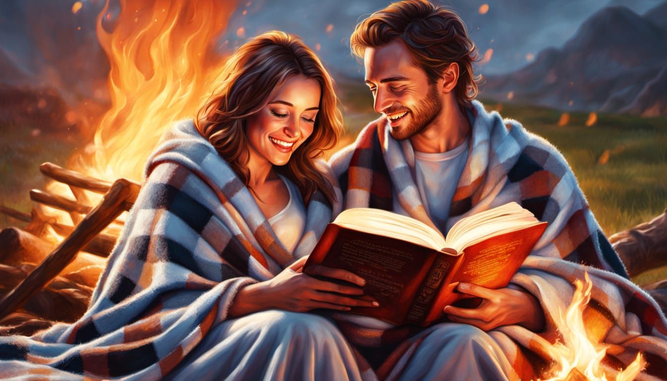 Couple Cuddling by Campfire in Hyperrealistic Style