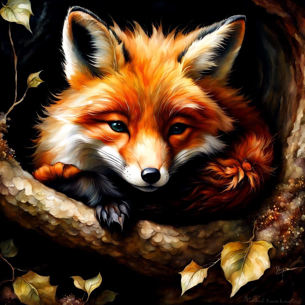 Sleeping Fox Cub in Cozy Den: Alcohol Ink Art