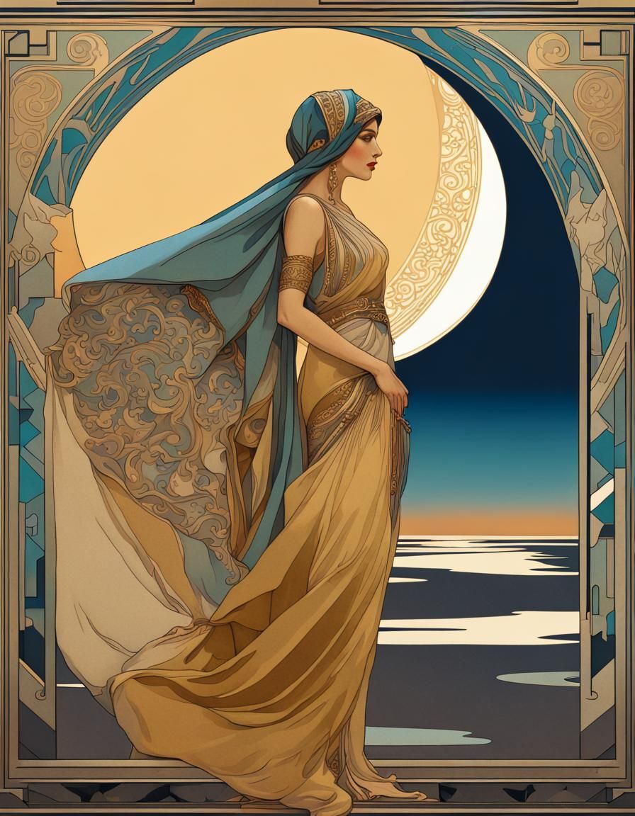 Art Deco Arab Beauty Under Moonlit Sky
