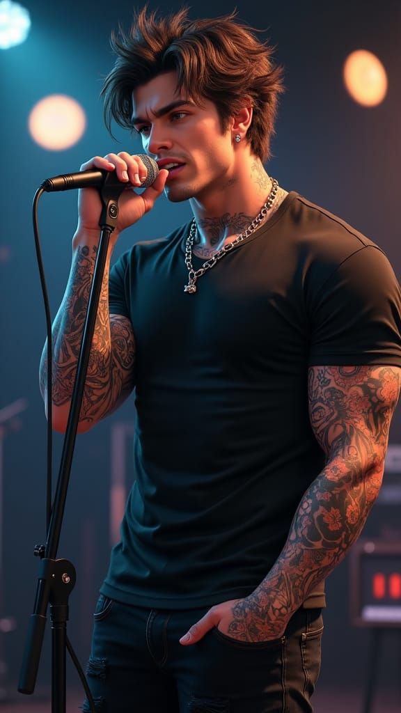 Tattooed Singer with Charismatic Stage Presence as 3D Anime