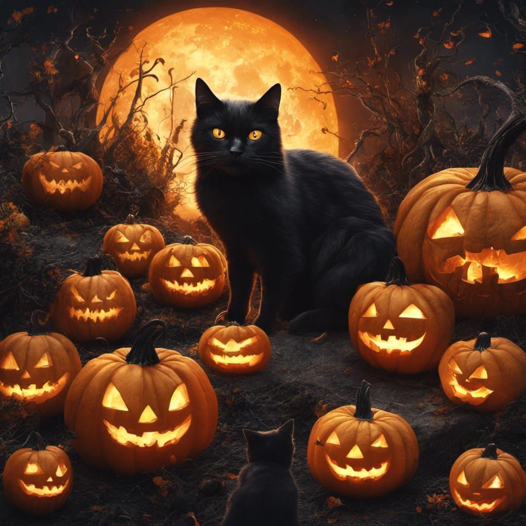 Hyperrealistic Black Cats and Jack-o-Lanterns
