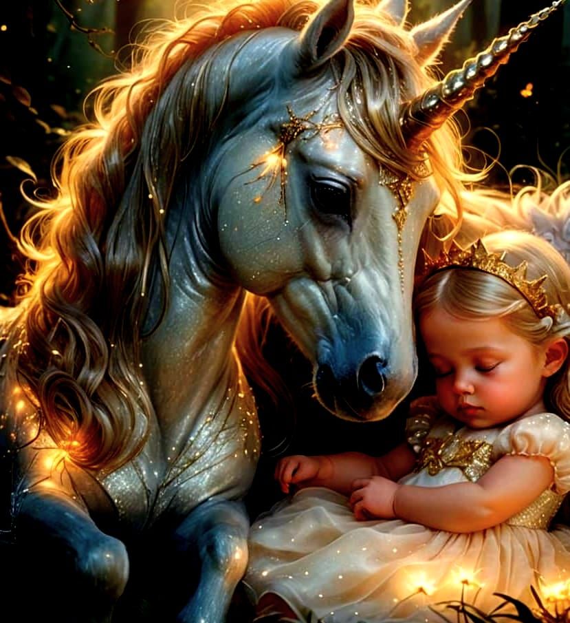 Baby Princess with Magical Unicorn in Ethereal Fantasy