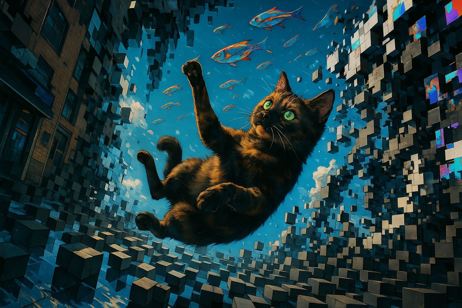 Anime Realism: Glitching Cityscape with Floating Cat