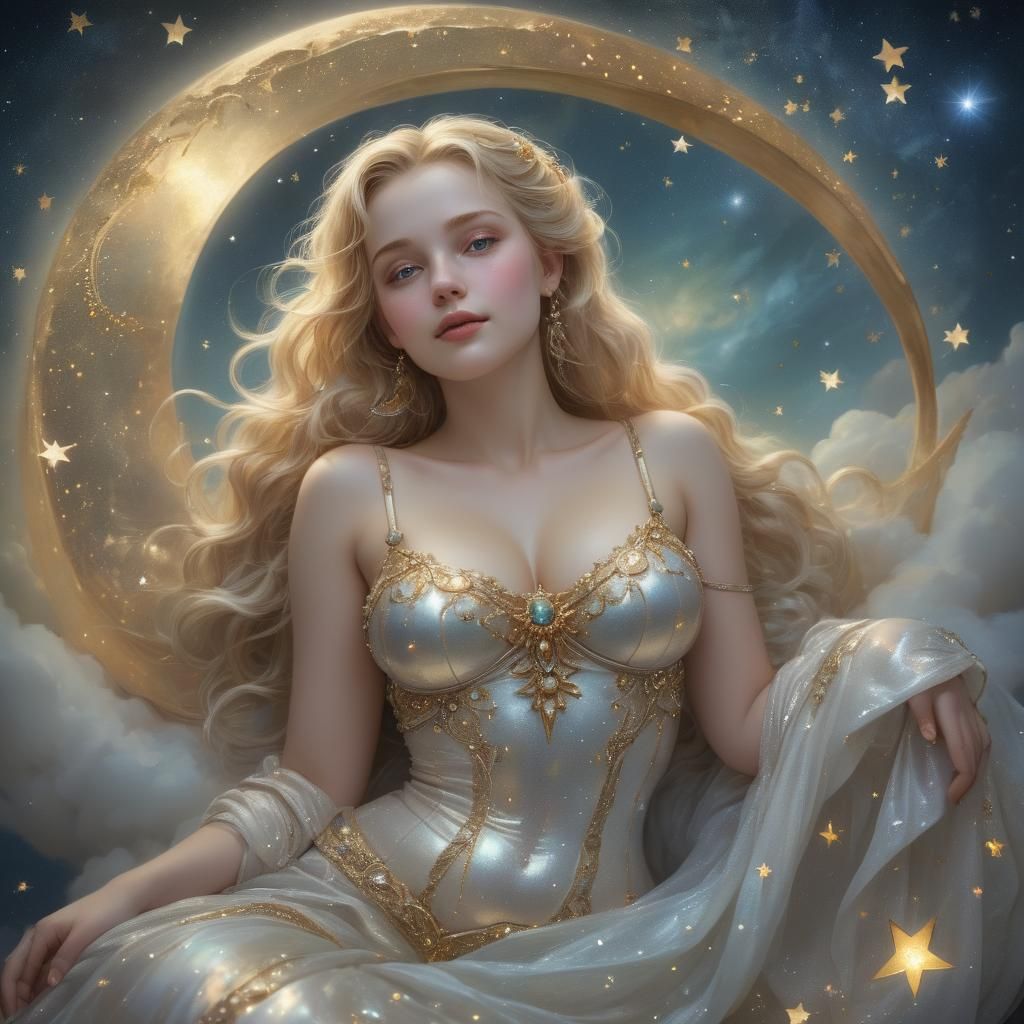 Golden Woman on Crescent Moon at Night
