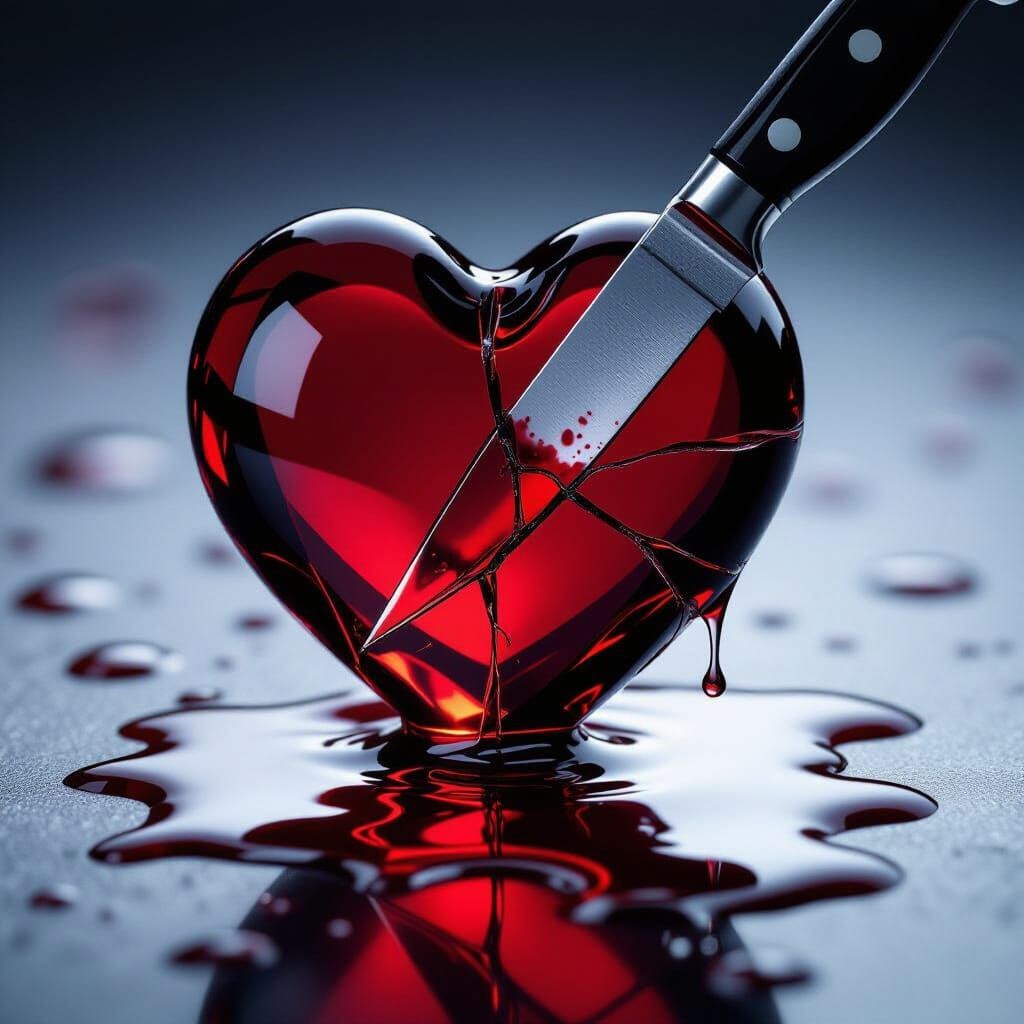 Fractured Glass Heart Pierced by Knife with Dripping Blood