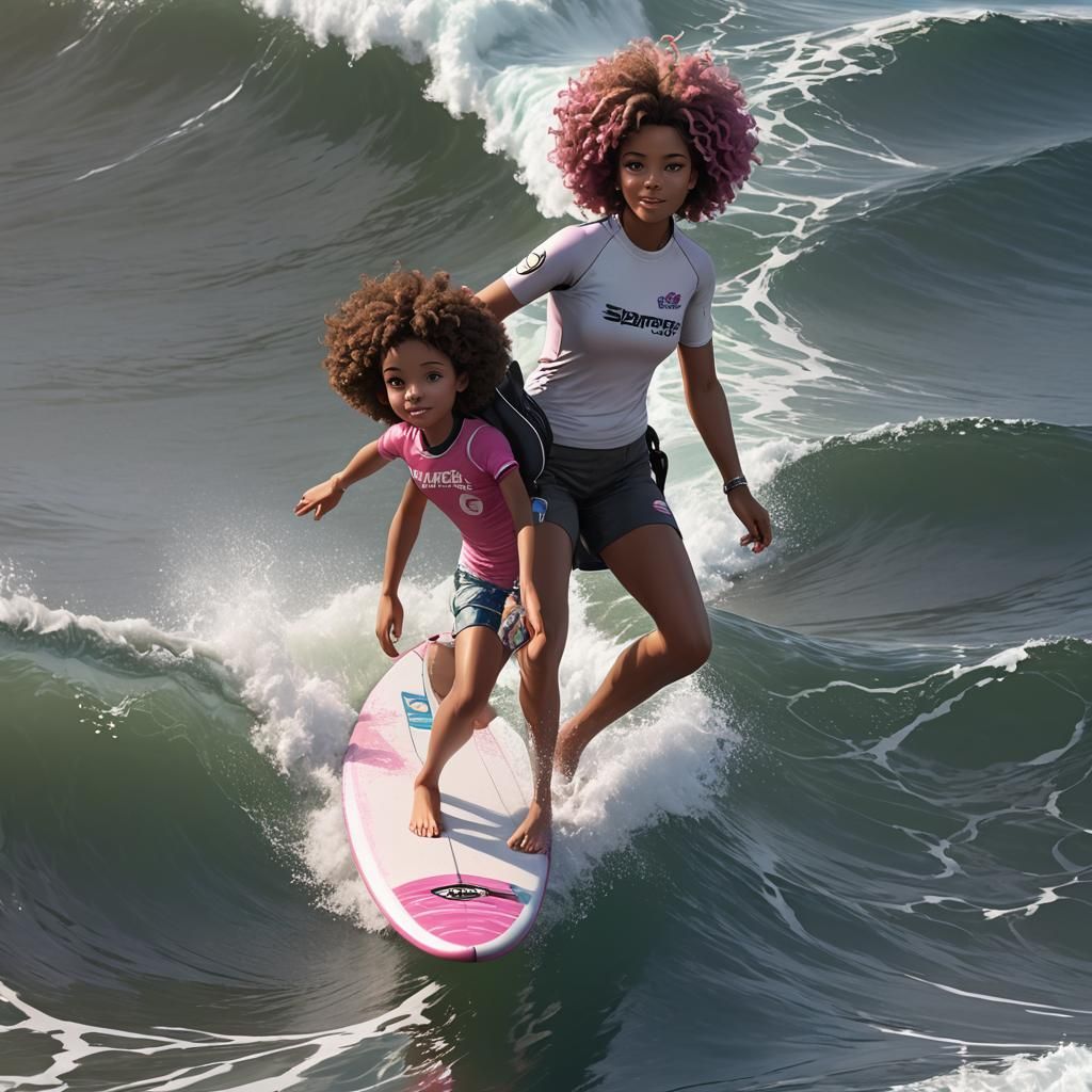 Girl Surfing Tropical Waves: 3D Anime Art