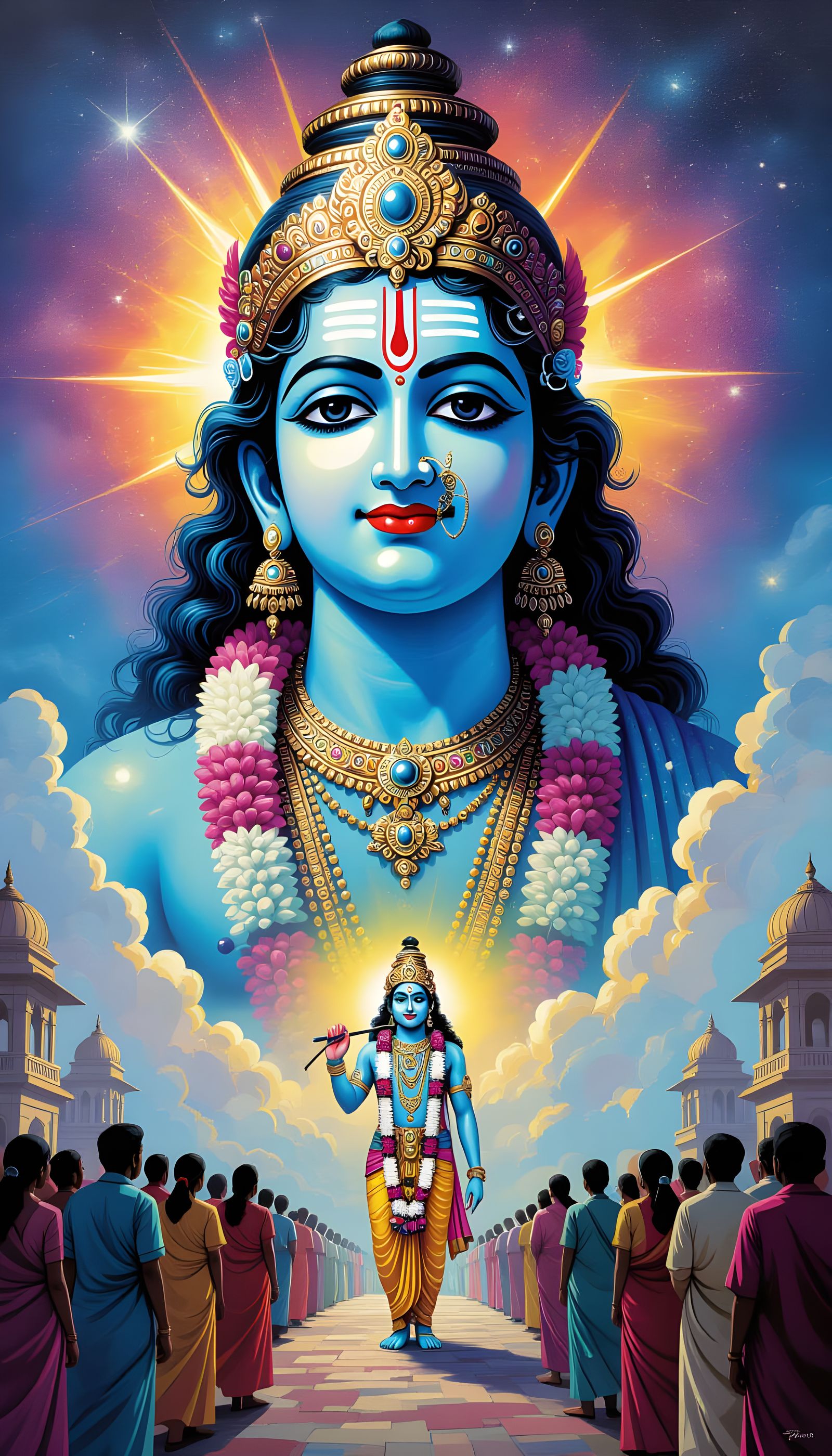 Lord Krishna's Cosmic Revelation: Graffiti Art Style