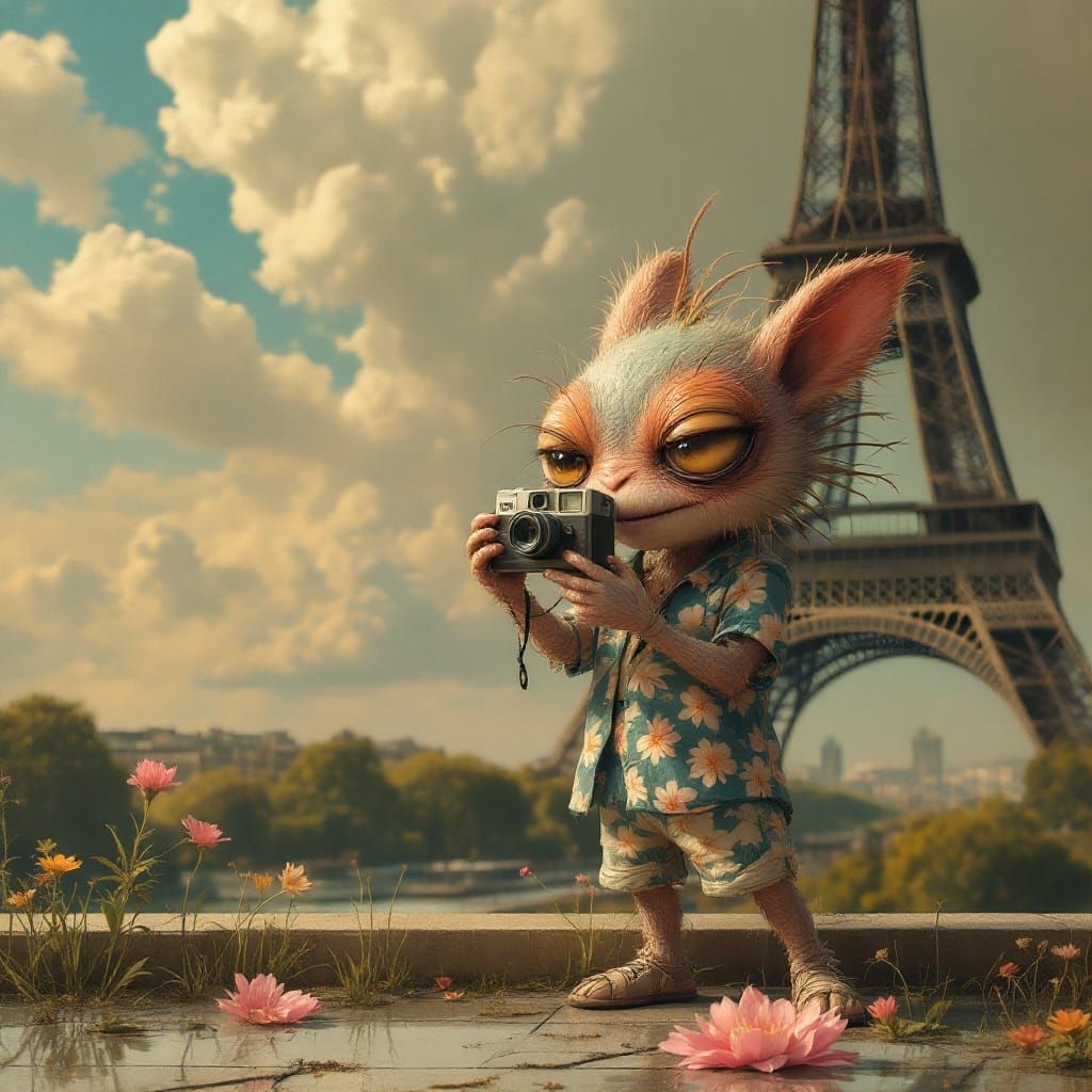 Chibi Monster Selfie at Eiffel Tower Oil Painting