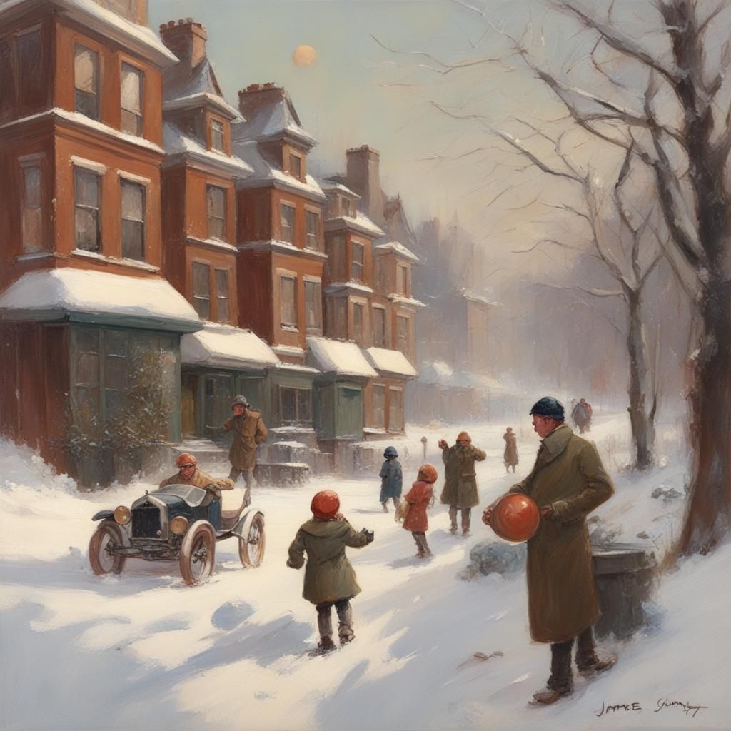 Children Playing in Snow, Realistic Digital Painting