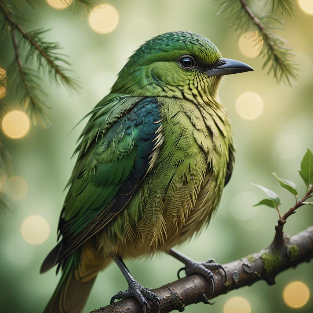 Ethereal Green Bird with Glowing Eyes: Digital Art