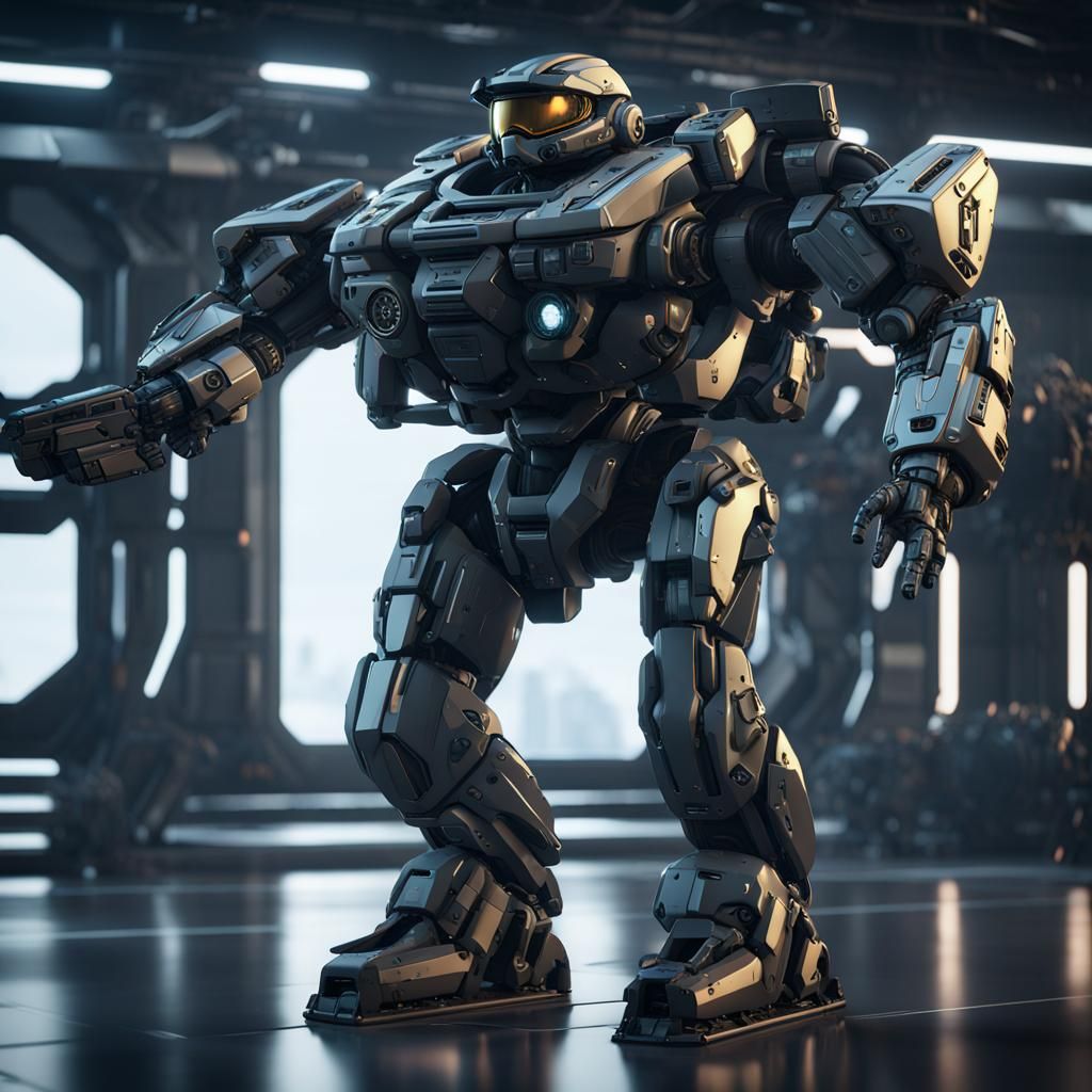 Futuristic Master Chief in Polished Metal, Sci-Fi Mech