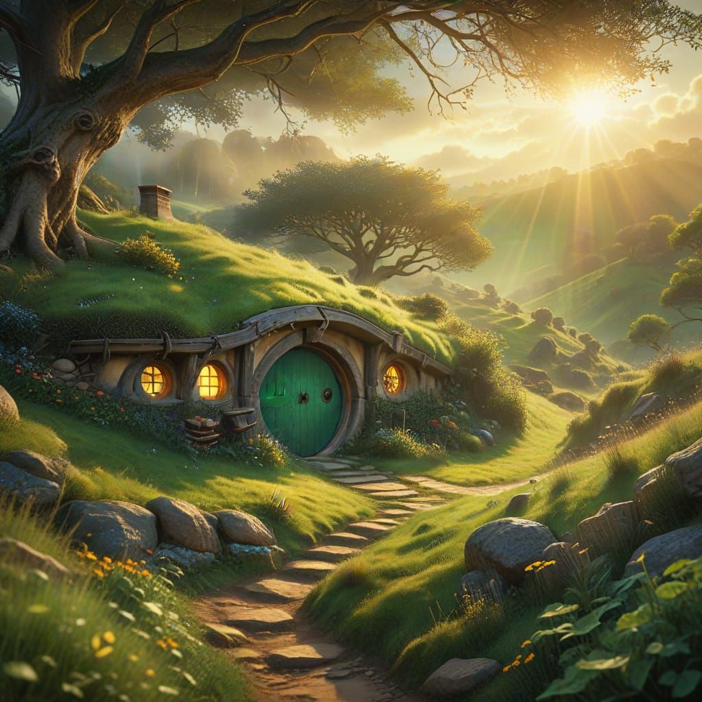 Cozy Hobbit Hole at Sunset in Painterly Style