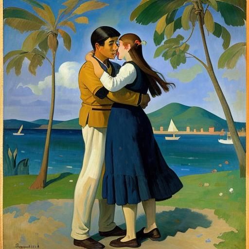 Loving Embrace in Impressionistic Art Nouveau Style