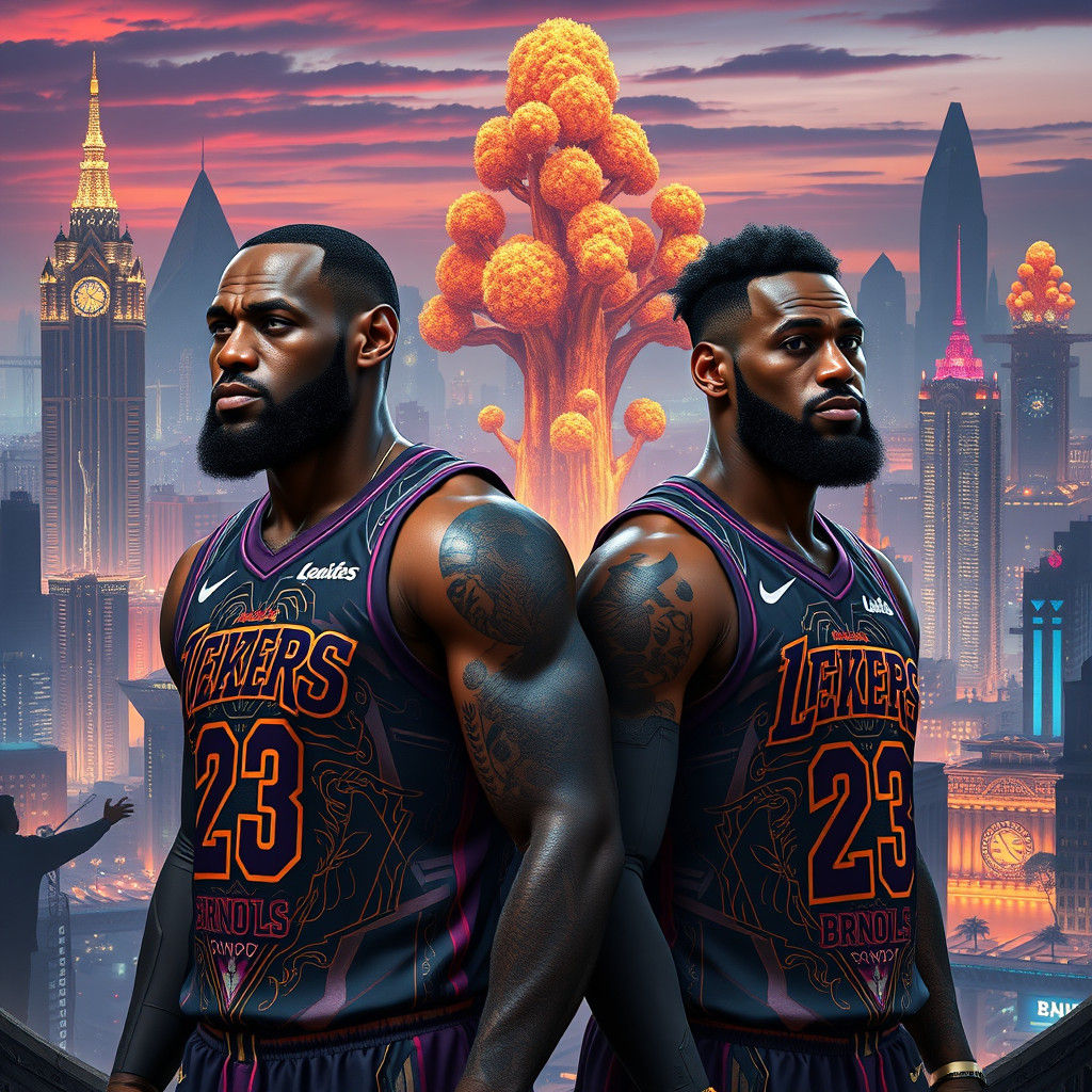 LeBron and Bronny in Futuristic Cityscape