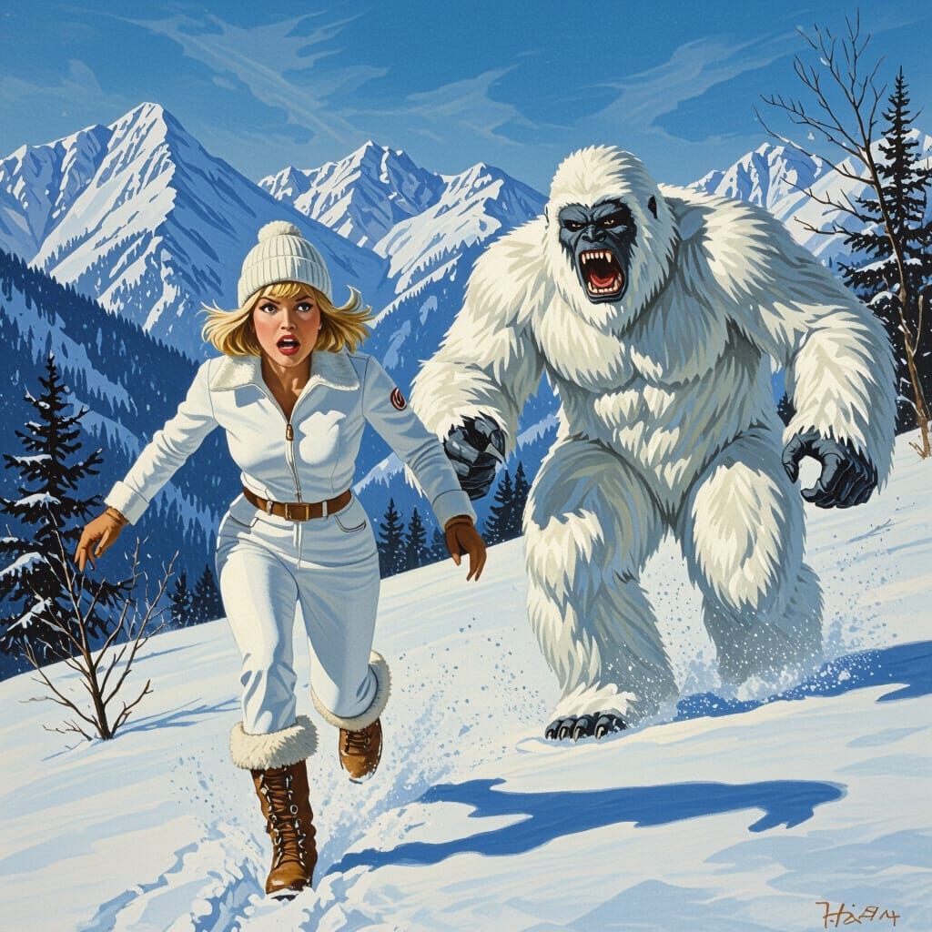 Woman Fleeing Yeti in Snowy Mountains, 1970s Poster Art