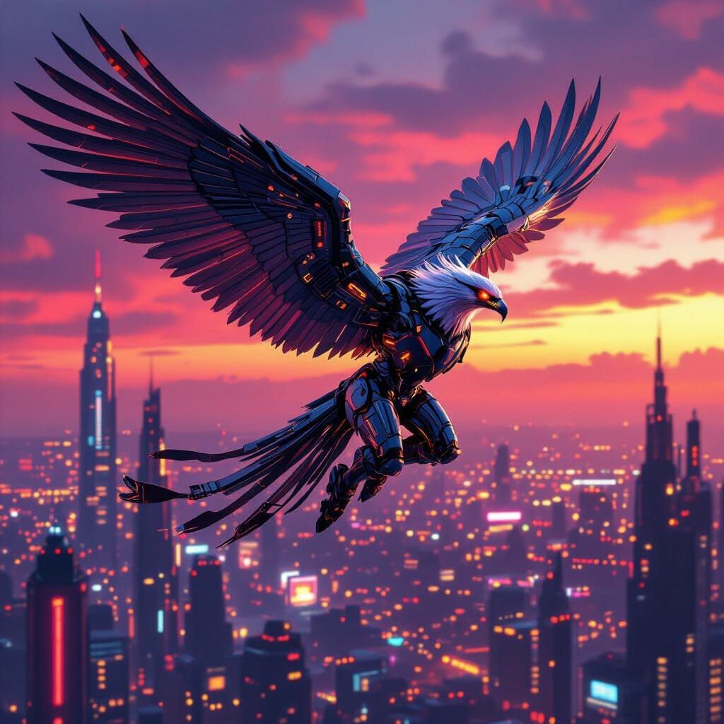 Cyborg Griffin Soaring Over Cyberpunk Metropolis