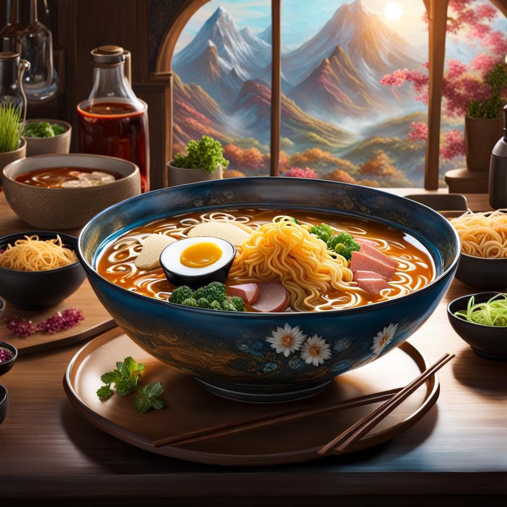 Hyperrealistic Ramen Bowl in a Wonderland Kitchen