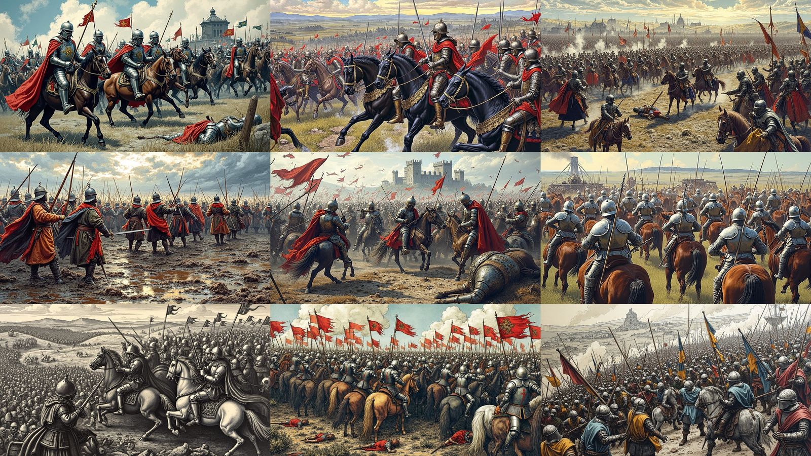 Aerial Medieval Battlefield in Historical Drawing Style