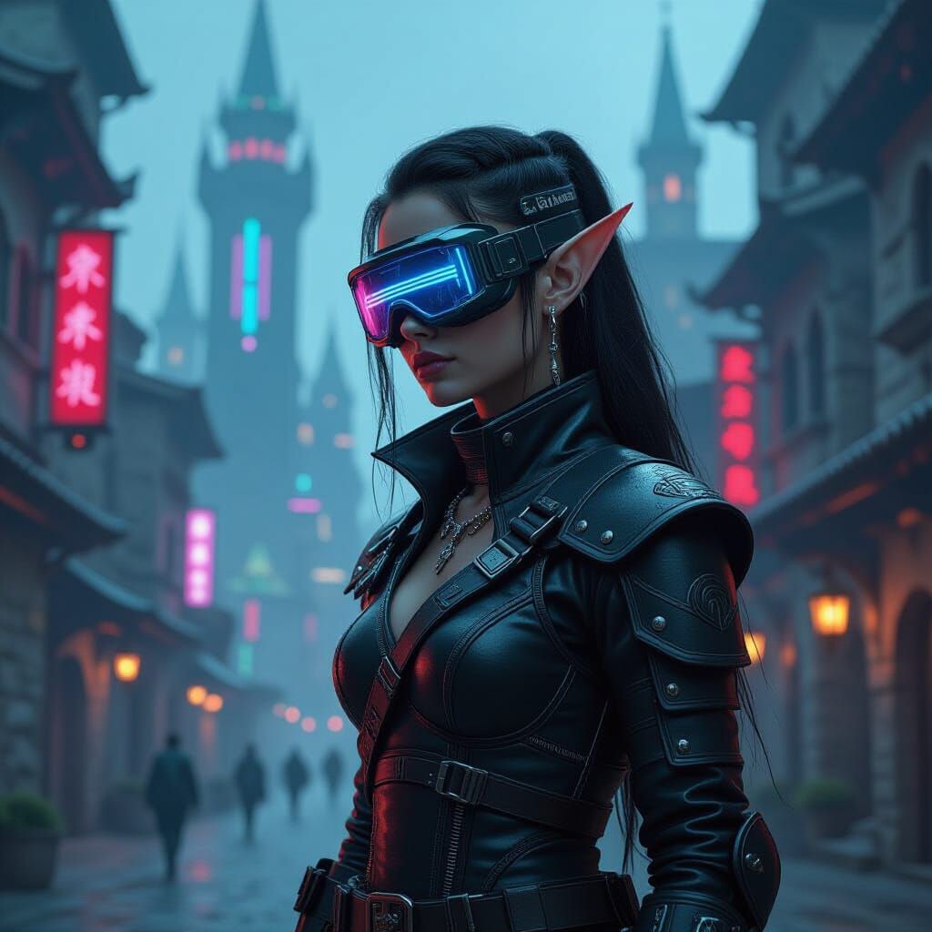 Cyberpunk Elf in Neon Medieval City