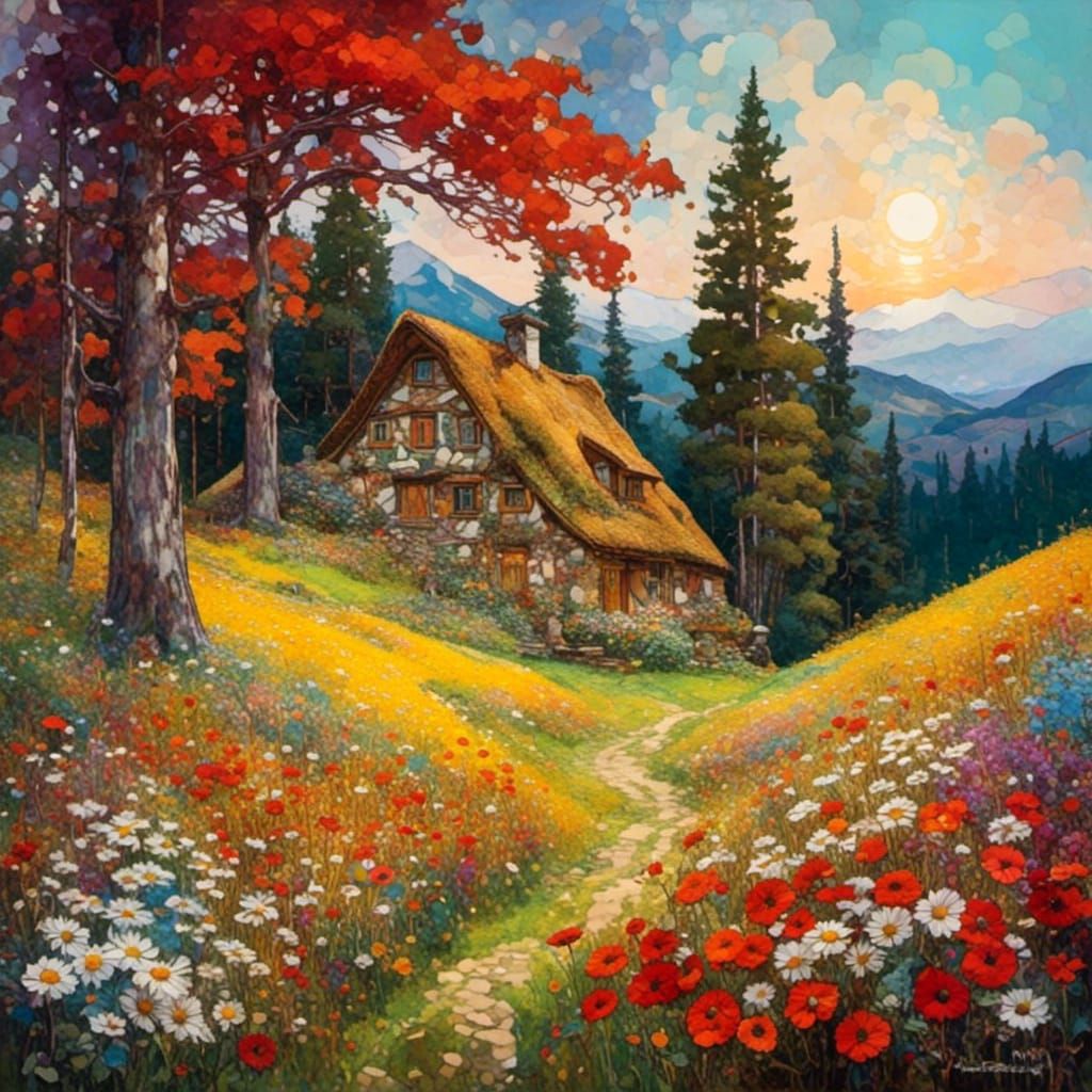Klimt-Inspired Psychedelic Landscape with Cottage