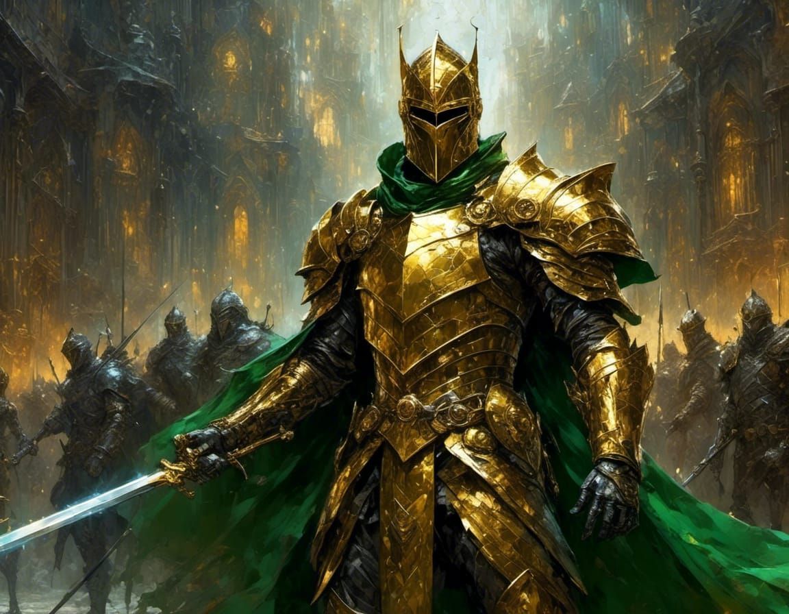 Fantasy Knight in Golden Armor in Throne Room
