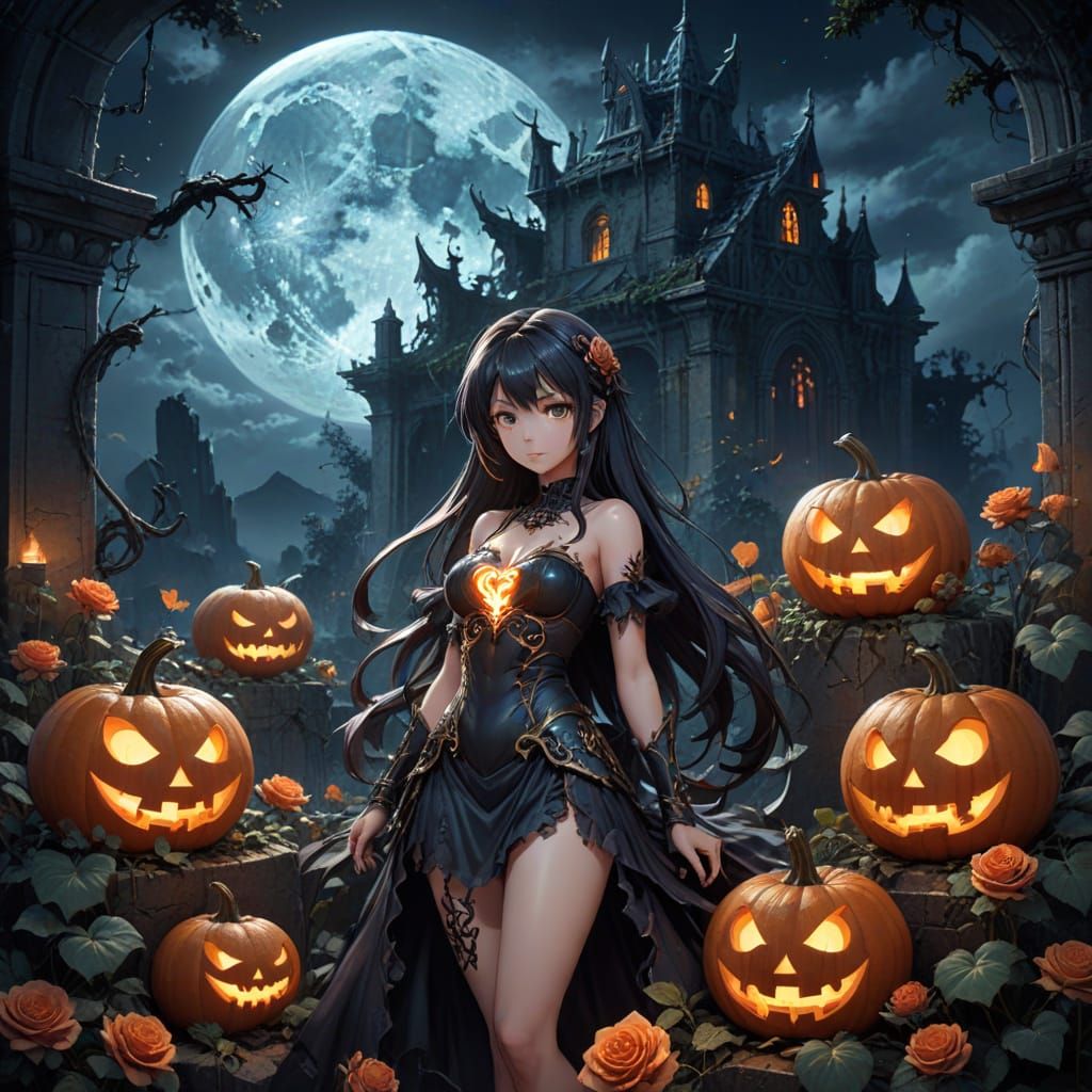 Dark Fantasy Pumpkin Illustration in Moonlit Ruins