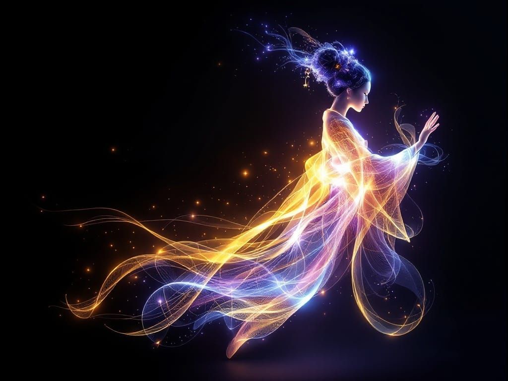 Ethereal Geisha Made of Light in Motion