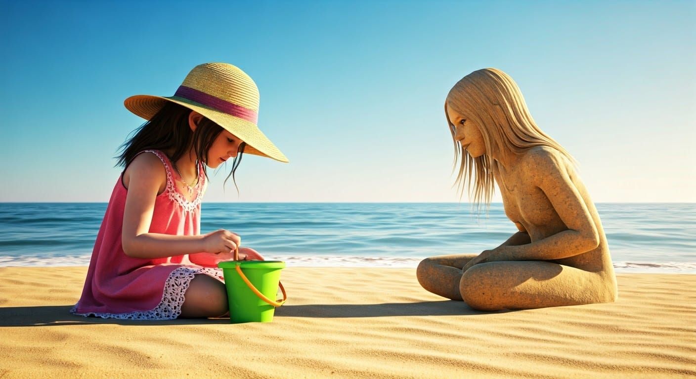 Whimsical Beach Encounter in Vibrant Colors