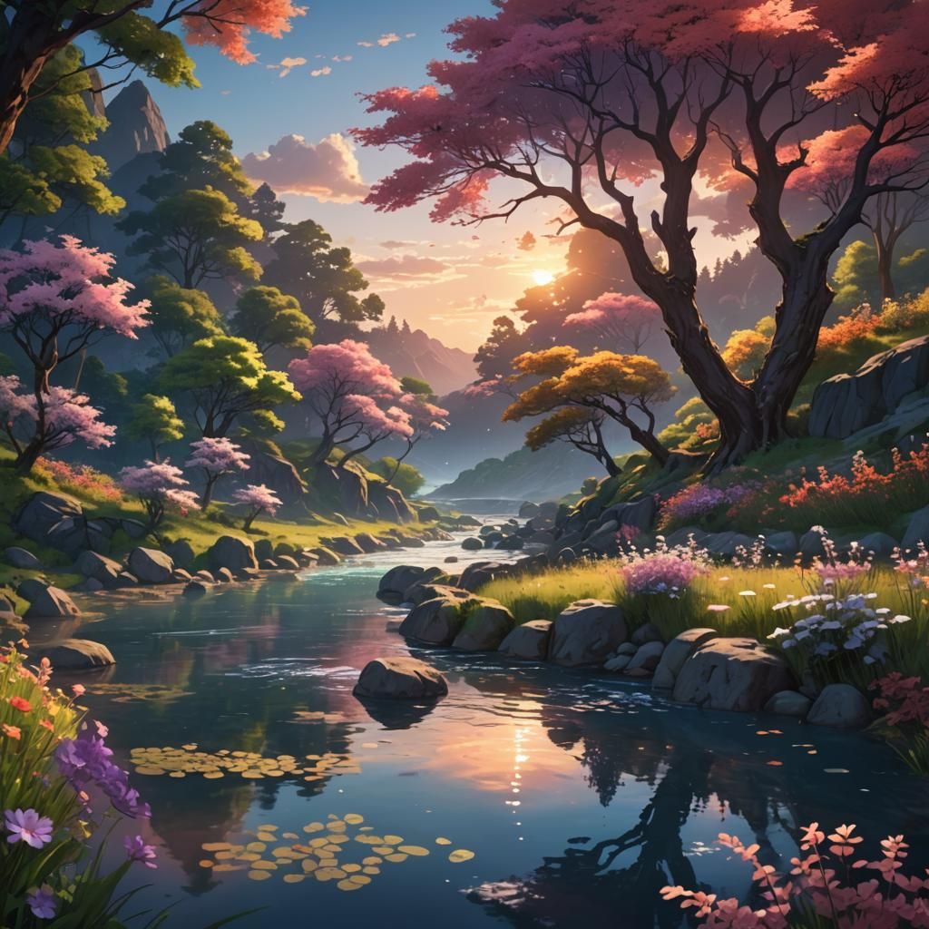 Anime River Valley at Sunset: Detailed Matte Painting