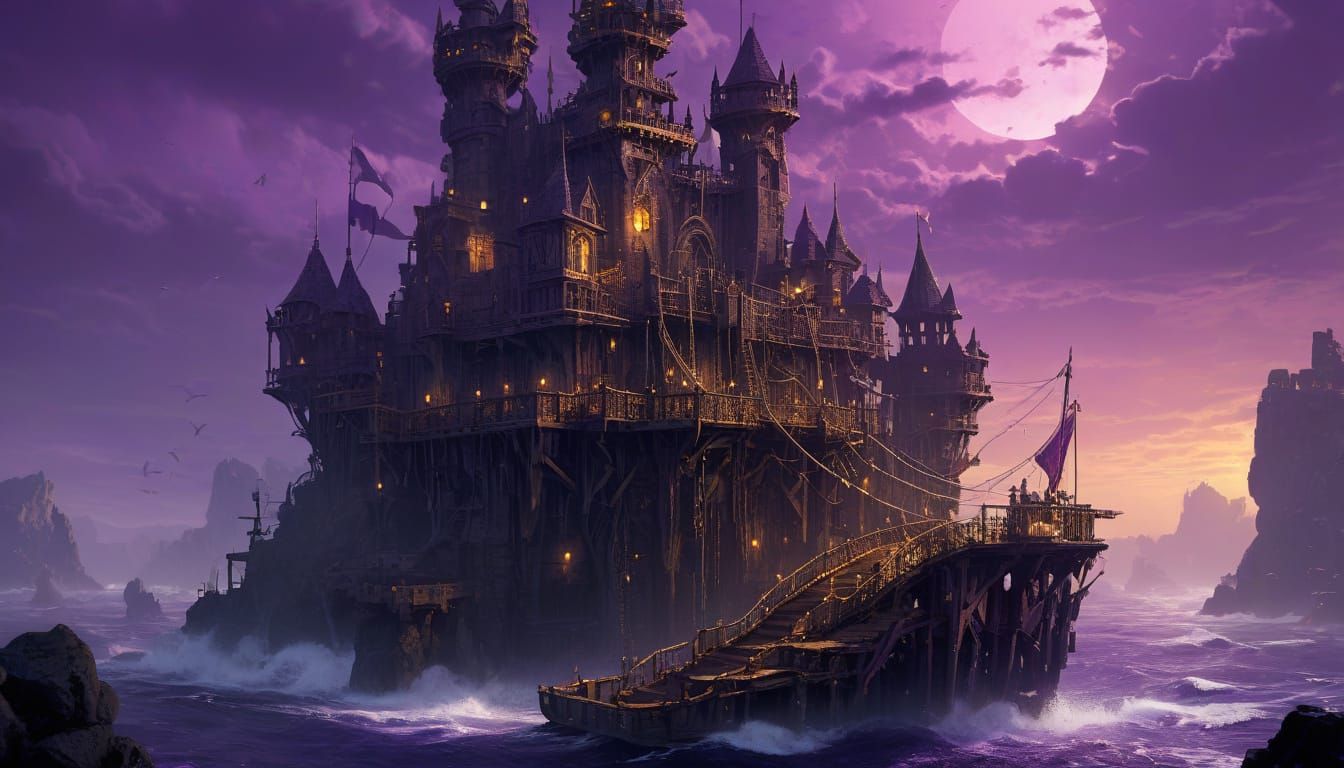 Medieval Warship Sails through Mysterious Purple Haze in Dar...