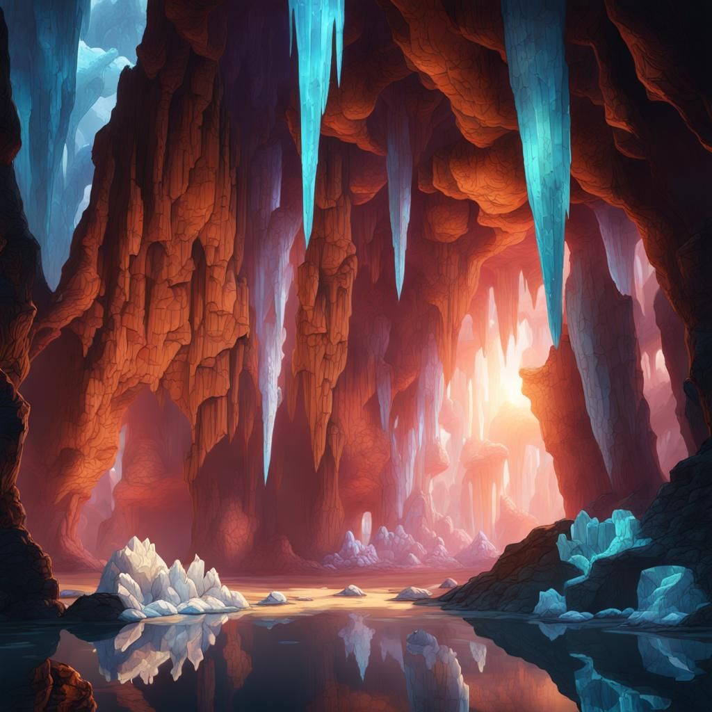 a stunning digital painting of the Naica Crystal Caves in Mexico, known for their massive gypsum crystals