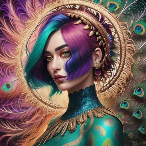 Surreal Rose Gold Portrait with Peacock Feathers