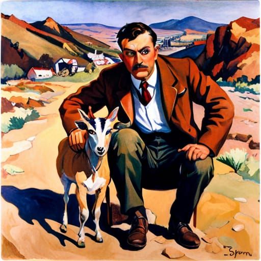 Eccentric Archaeologist with Goats in Biopunk Style