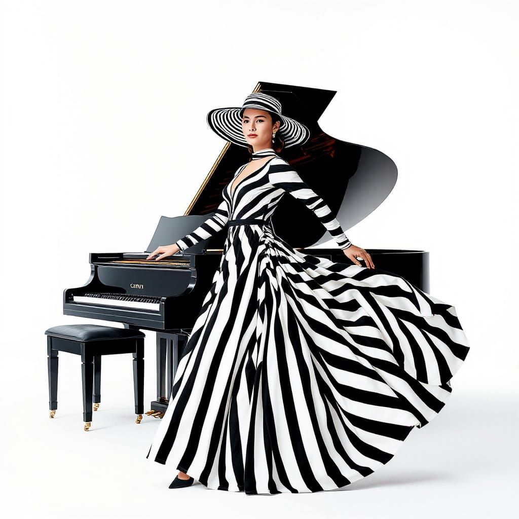 Elegant Woman Fused with Grand Piano in Bold Black-and-White...
