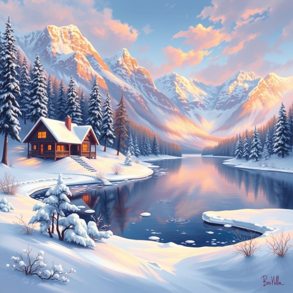 Winter Landscape with Snow and Cabins in Luminist Style