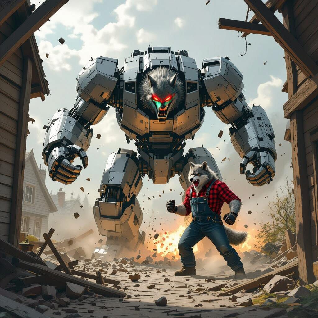 Robot Demolishes Wolf's Cottage in Concept Art Style