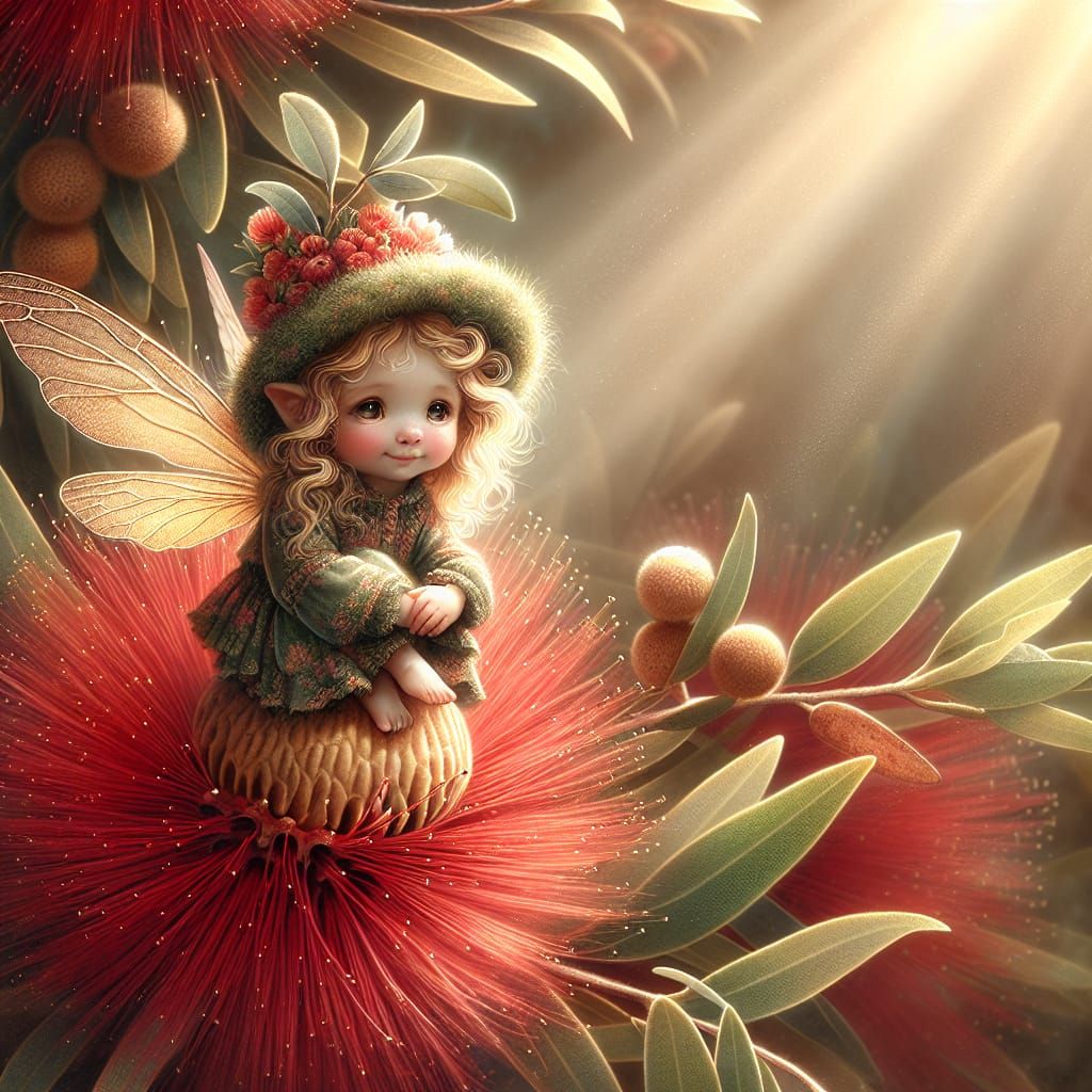 Aussie gumnut fairy, sitting on a red bottlebrush flower with eucalypt leaves, #2