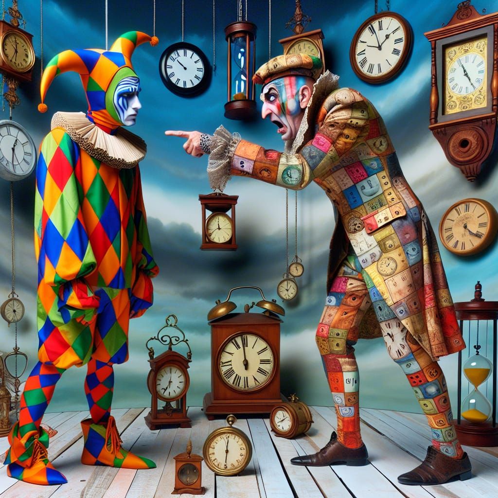 Harlequin Confronts the Tick Tock Man in Surreal Timescape