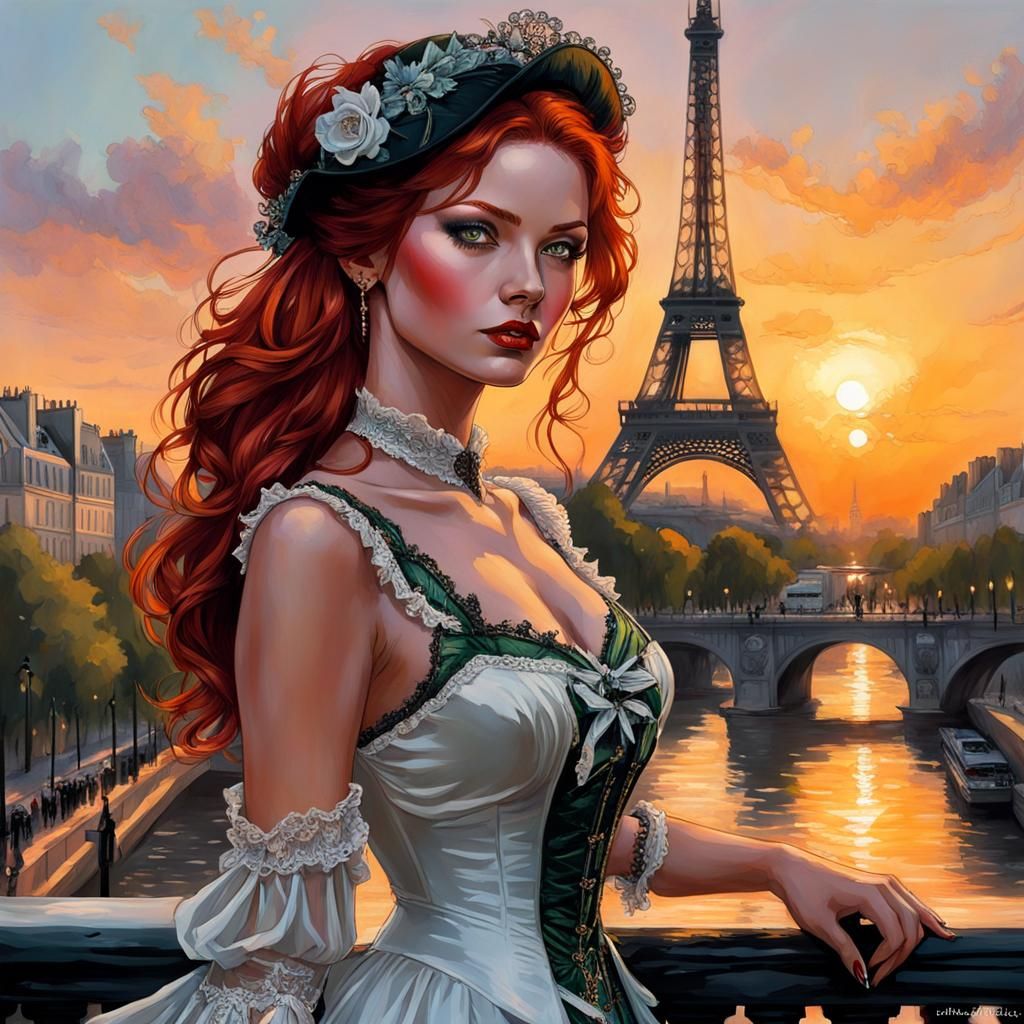 Victorian Redhead Sunset Portrait in Splash Art Style